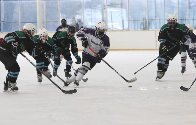 Pioneer womens ice hockey team battles the combined Huron-Skyline team. 